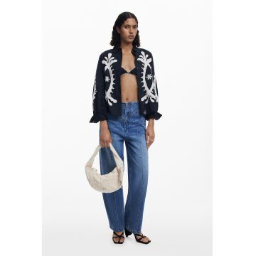 Camasa din bumbac cu broderii din dantela Sangallo - Negru/Alb murdar