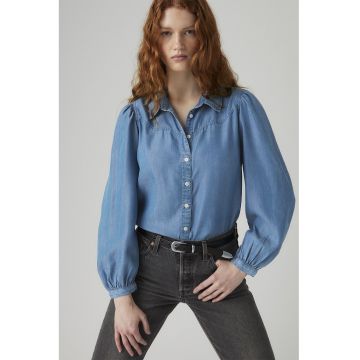 Camasa din chambray cu maneci bufante - Albastru pastel -