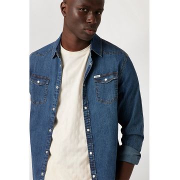 Camasa din denim cu buzunare aplicate - Albastru inchis