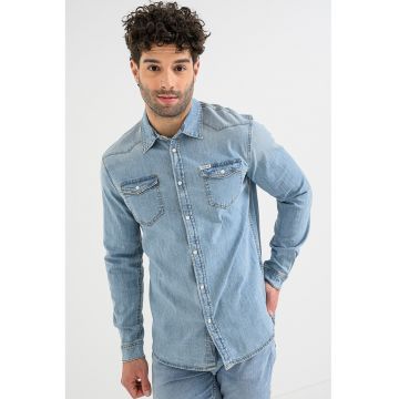 Camasa din denim cu buzunare pe piept - Albastru deschis