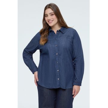 Camasa din denim cu funda din panglici - Albastru inchis