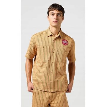 Camasa mecanica  Casey Jones - portocalie cu dungi verzi - bumbac - croiala lejera - set cu doua buzunare