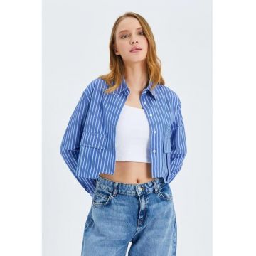 Camasa scurta  din poplin cu dungi - buzunar - denim albastru inchis - bumbac