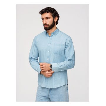 Camasa Barbati Denim Regular Fit cu Guler Button Down - Albastru deschis