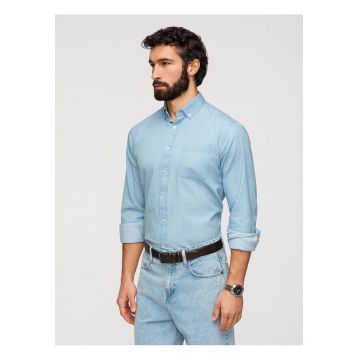 Camasa Barbati Denim Regular Fit cu Guler Button Down - Albastru deschis