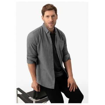 Camasa barbati din bumbac - maneci lungi - slim fit - buzunar pe piept - guler fixat cu nasturi -  K-Belanos - gri melange - Gri melange