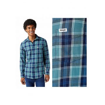 Camasa Barbati -  One Pocket Shirt - Regular Fit - Design Clasic - Maneci Lungi - Cu Guler - Cu Nasturi - Bumbac - Multicolor - Albastru