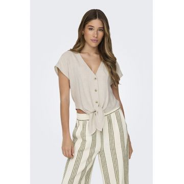 Camasa crop din amestec de in cu nod - Maro nisip