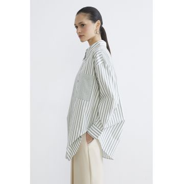 Camasa cu dungi si maneci cazute - Alb/Verde sparanghel
