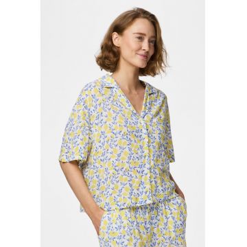 Camasa cu model si maneci medii - Albastru inchis/Galben pal