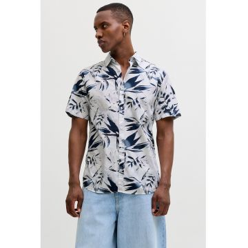 Camasa cu model tropical cu guler clasic - Alb/Bleumarin