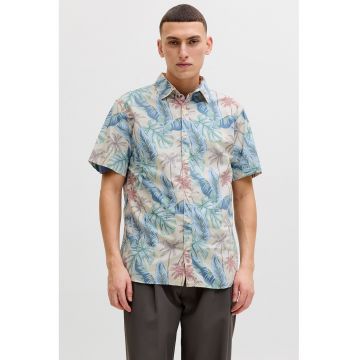 Camasa cu model tropical cu guler clasic - Verde/Rosu stins/Albastru