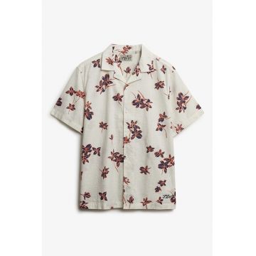 Camasa cu nasturi si imprimeu floral - Alb fildes/Roz somon/Bleumarin