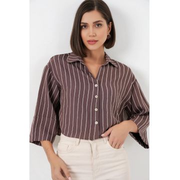 Camasa dama -  crop supradimensionata - dungi - maro - textil