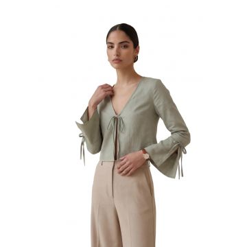 Camasa dama -  din in cu decolteu in V si detaliu cu nod - verde salvie - 90% bumbac - 10% in