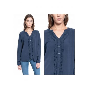 Camasa Dama -  EDDA V RUFFLES - Material Vaporos 100% Vascoza - Croiala Regular Fit - Design Elegant Cu Decolteu In V - Textura Moale Si Usoara - Ideala Pentru Tinute Office - Marimea 36 S - Albastru