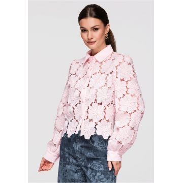 Camasa dama eleganta - croi scurt - material ajurat cu motiv floral - stil modern - Roz