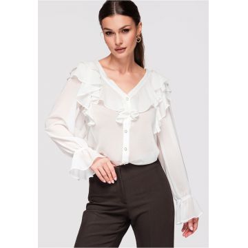 Camasa dama eleganta - cu volane delicate - din poliester semi-transparent - croiala lejera - Ecru -
