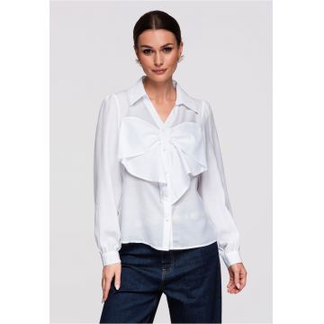 Camasa Dama Eleganta cu Volane - Maneca Lunga - Croiala Slim Fit din Poliester - Alb