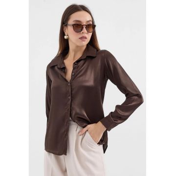 Camasa dama - HiCCUP - din satin - cu maneca lunga - maro mocha - textil