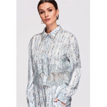 Camasa dama scurta cu imprimeu animalier si detalii din dantela - croiala lejera - Albastru