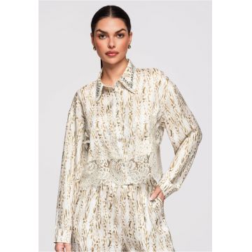 Camasa dama scurta cu imprimeu animalier si detalii din dantela - croiala lejera - Bej