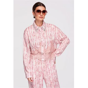 Camasa dama scurta cu imprimeu animalier si detalii din dantela - croiala lejera - Roz
