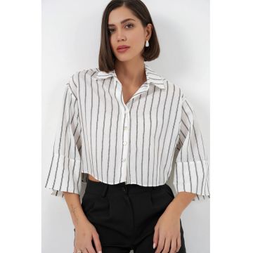 Camasa dama -  scurta supradimensionata - dungi - alb