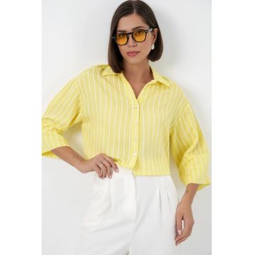 Camasa dama -  scurta supradimensionata - dungi - galben lamaie