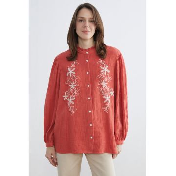 Camasa de bumbac cu broderie - Portocaliu mandarina