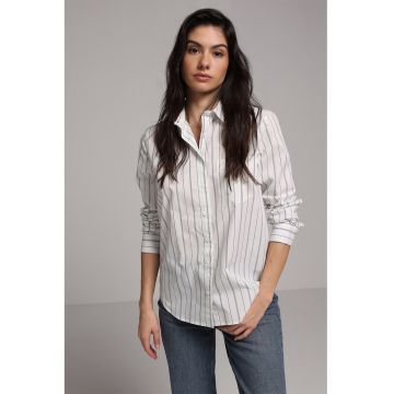 Camasa de bumbac cu dungi si buzunar pe piept - Crem