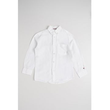 Camasa din amestec de in cu buzunar pe piept - Alb