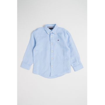 Camasa din amestec de in cu buzunar pe piept - Albastru pastel