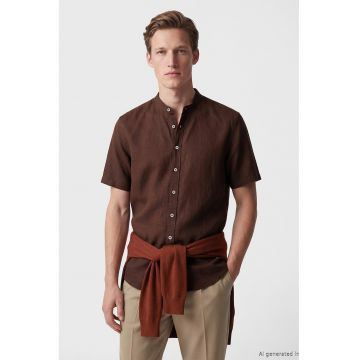 Camasa din amestec de in cu guler Mao - Maro cognac