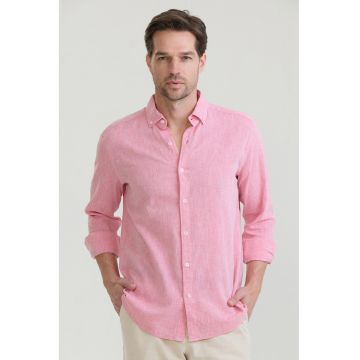 Camasa din amestec de in cu guler Oxford - Roz