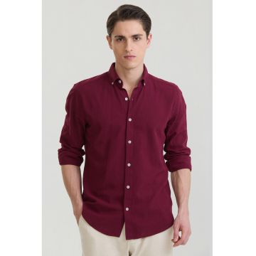 Camasa din amestec de in cu guler Oxford - Visiniu