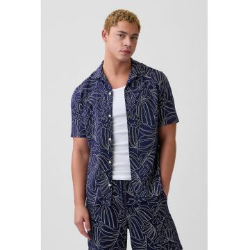 Camasa din amestec de in cu maneci scurte - Alb/Bleumarin