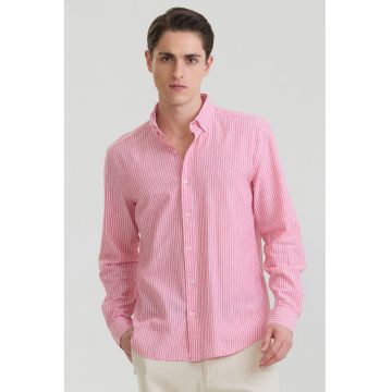Camasa din amestec de in si bumbac cu model in dungi - Alb/Roz