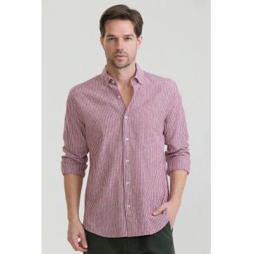 Camasa din amestec de in si bumbac cu model in dungi - Alb/Visiniu