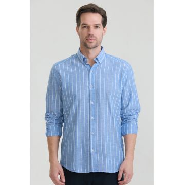 Camasa din amestec de in si bumbac cu model in dungi si guler Oxford - Alb/Albastru deschis