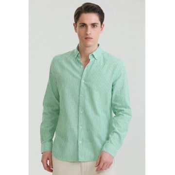 Camasa din amestec de in si bumbac cu model in dungi - Verde pal