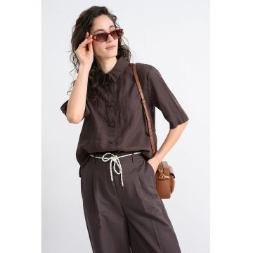 Camasa din in cu maneci medii - Maro inchis