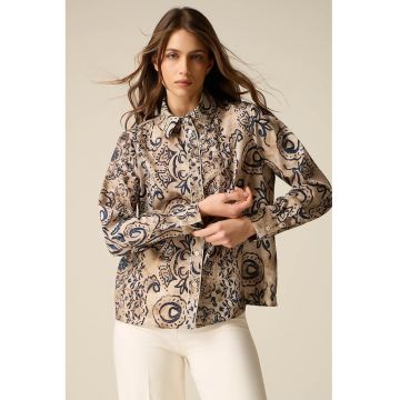 Camasa din satin cu model - Bej/Bleumarin