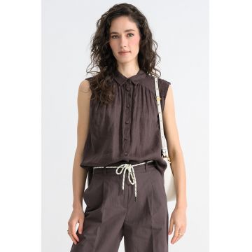 Camasa fara maneci din in cu model uni - Maro inchis