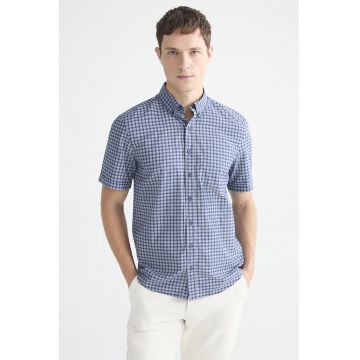 Camasa in carouri cu guler fixat cu nasturi - Bleumarin