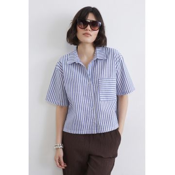 Camasa in dungi cu buzunar pe piept - Alb/Albastru safir