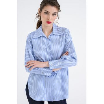 Camasa in dungi cu funda din panglici - Alb/Albastru deschis