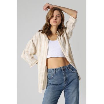 Camasa in dungi cu maneci trei sferturi - Bej deschis