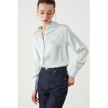 Camasa in dungi din satin - Alb/Verde menta