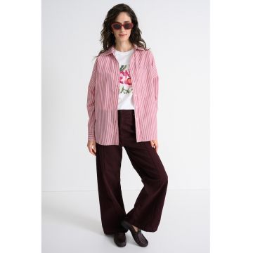 Camasa lejera cu model in dungi si maneci cazute - Alb/Rosu stins